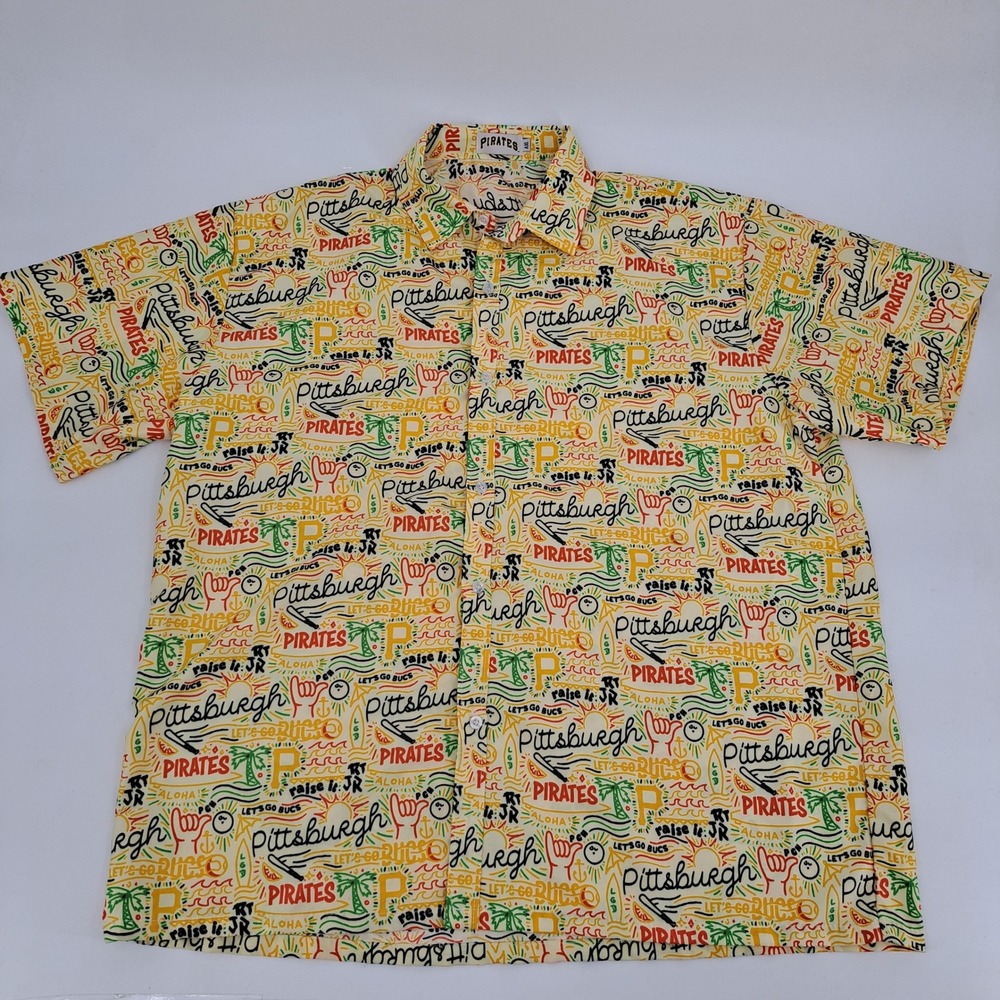 Pittsburgh Pirates MLB Button Down Shirt Mens XL Cream Yellow Doodle Hawaiian